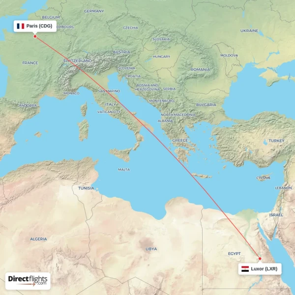 Luxor - Paris direct flight map