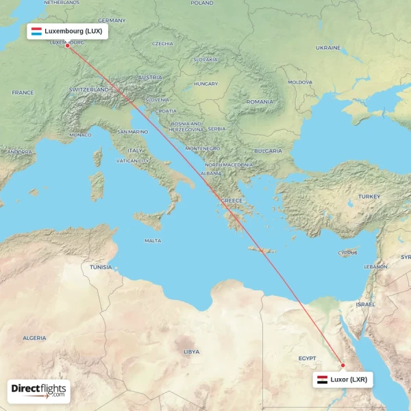 Luxor - Luxembourg direct flight map