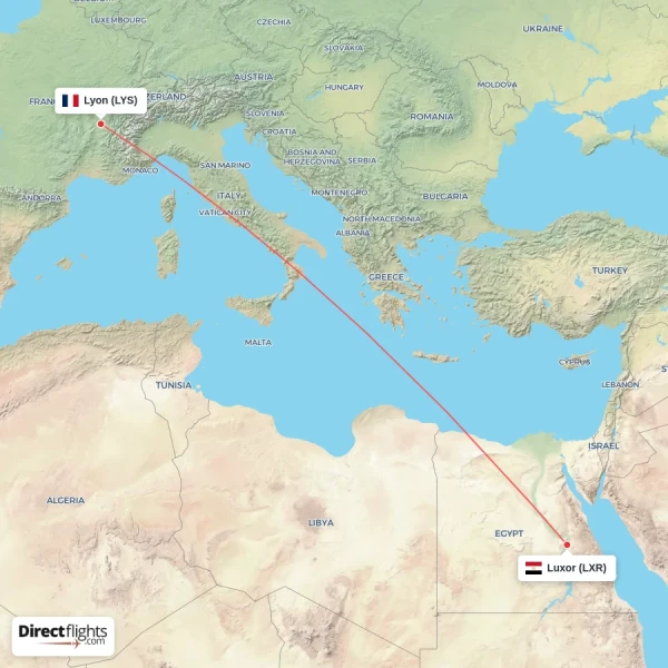 Luxor - Lyon direct flight map