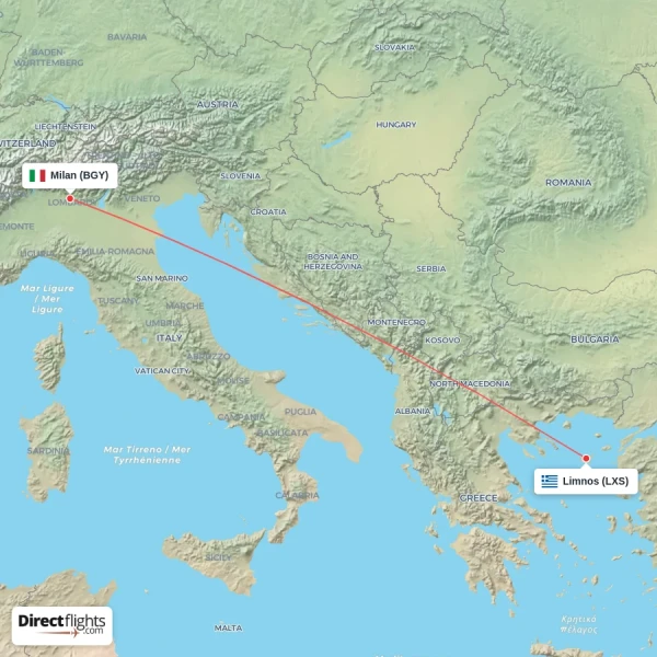 Limnos - Milan direct flight map