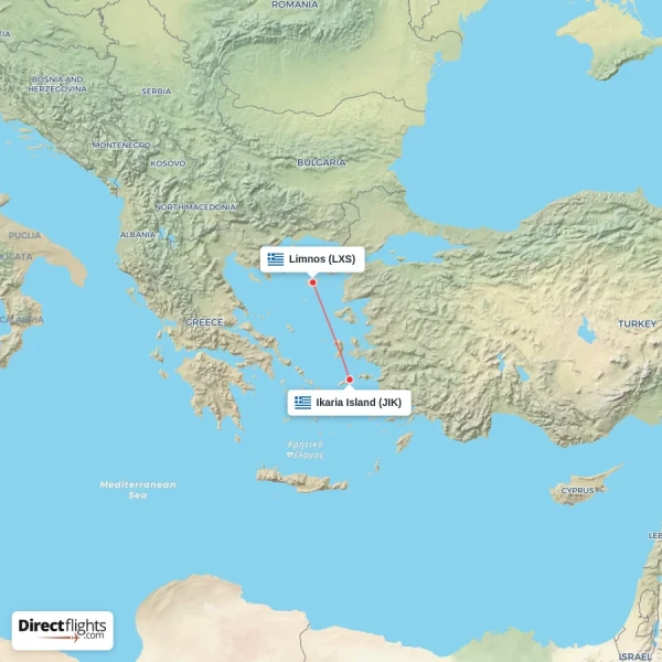 Limnos - Ikaria Island direct flight map
