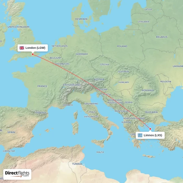 Limnos - London direct flight map