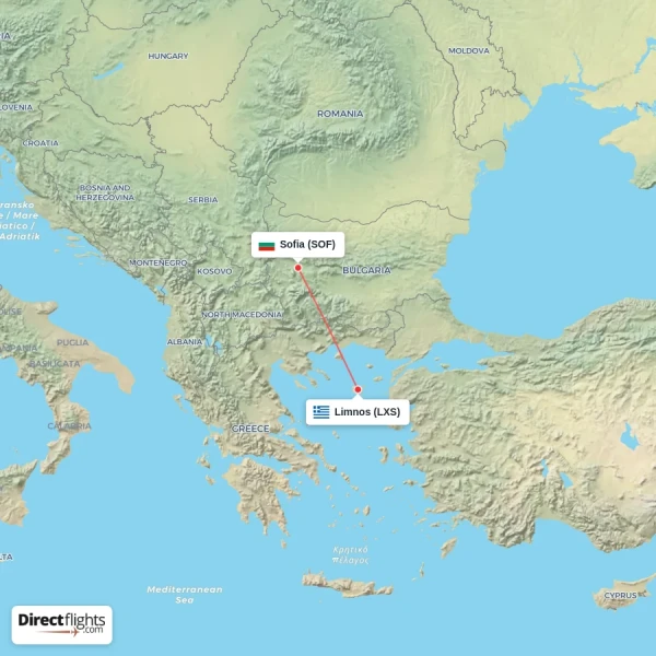 Limnos - Sofia direct flight map