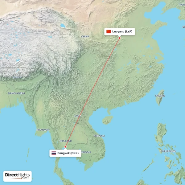 Luoyang - Bangkok direct flight map