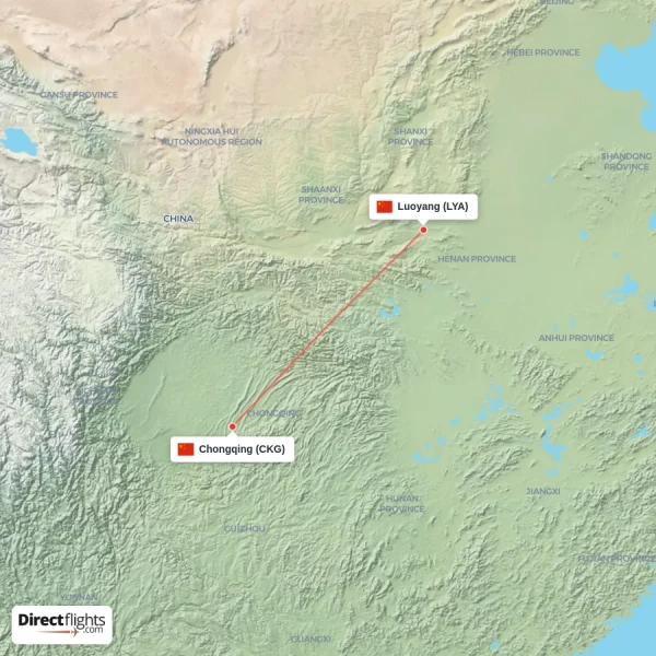 Luoyang - Chongqing direct flight map