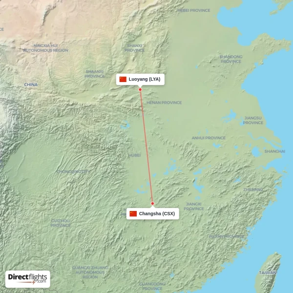 Luoyang - Changsha direct flight map