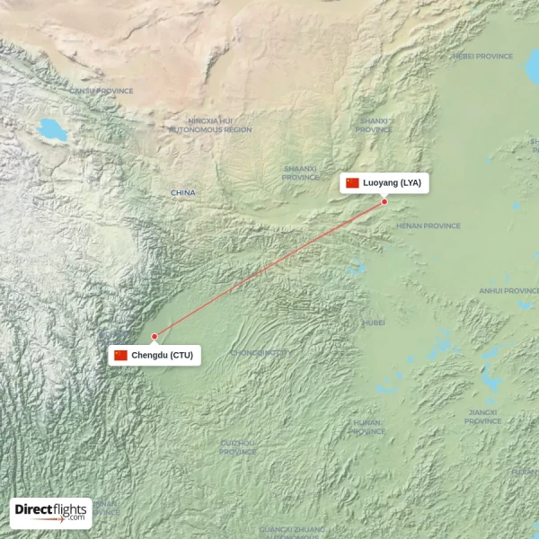 Luoyang - Chengdu direct flight map