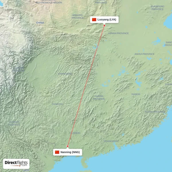 Luoyang - Nanning direct flight map