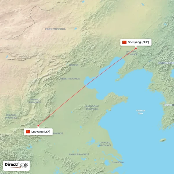 Luoyang - Shenyang direct flight map