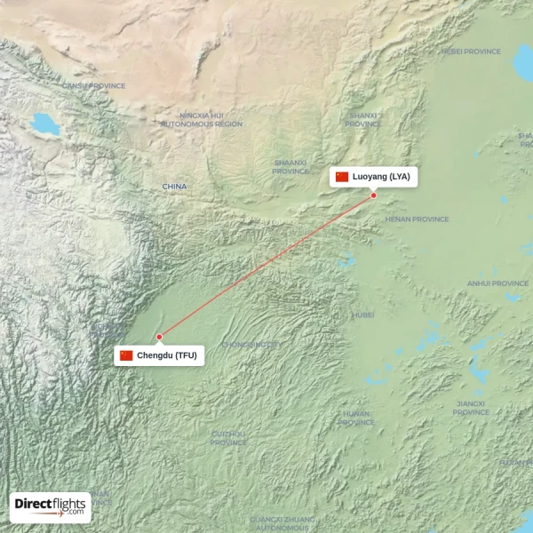 Luoyang - Chengdu direct flight map