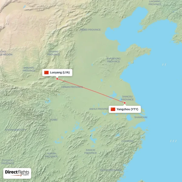 Luoyang - Yangzhou direct flight map