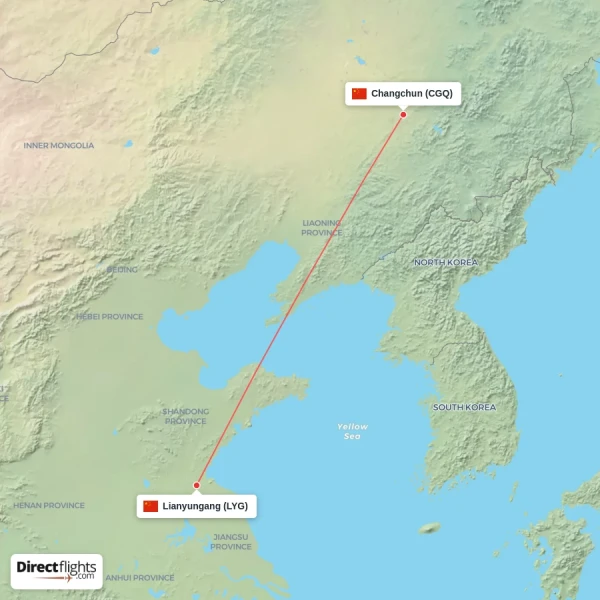 Lianyungang - Changchun direct flight map