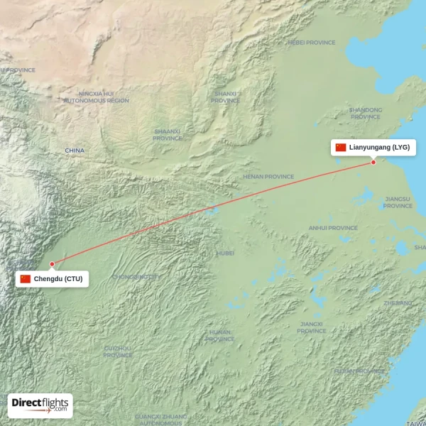Lianyungang - Chengdu direct flight map