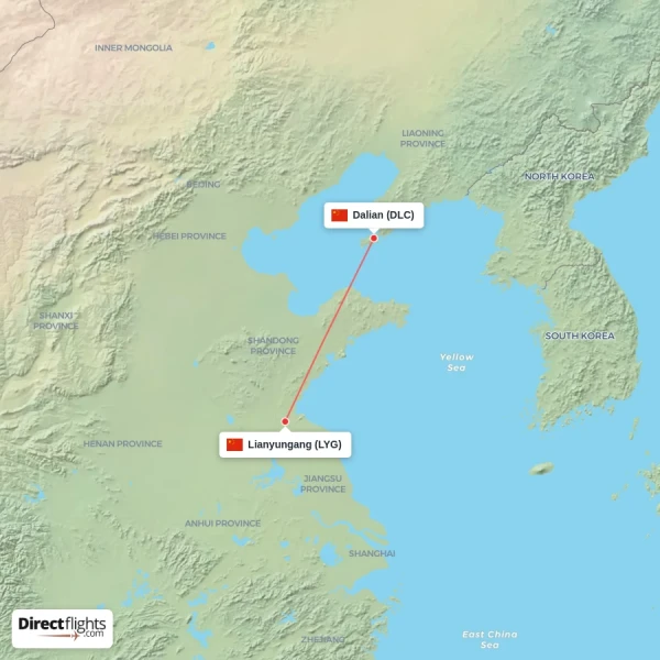 Lianyungang - Dalian direct flight map