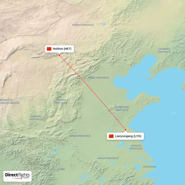 Lianyungang - Hohhot direct flight map