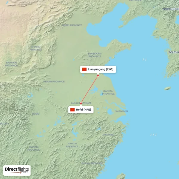 Lianyungang - Hefei direct flight map