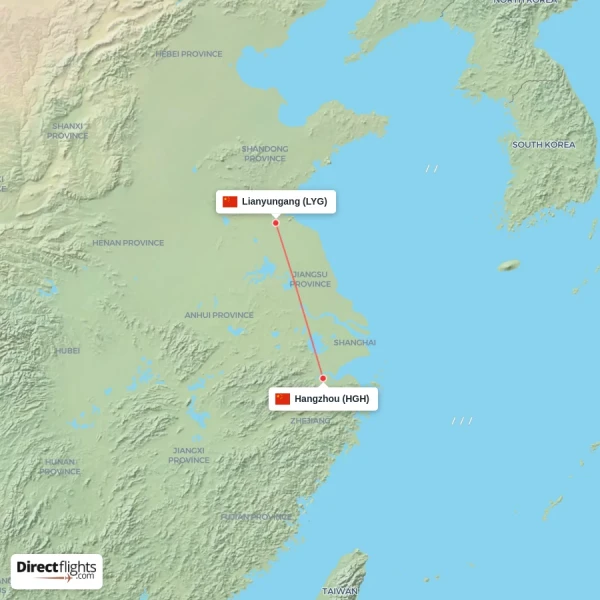 Lianyungang - Hangzhou direct flight map