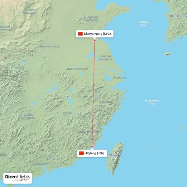 Lianyungang - Jinjiang direct flight map