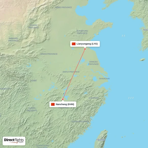 Lianyungang - Nanchang direct flight map