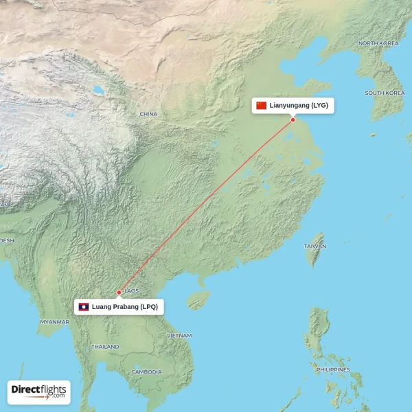 Lianyungang - Luang Prabang direct flight map