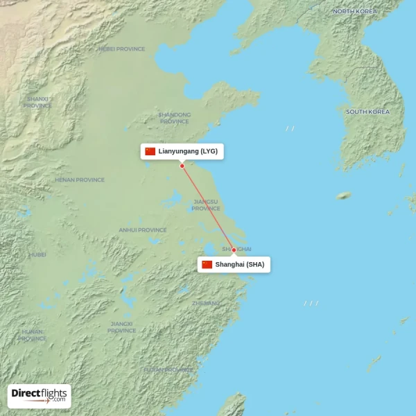Lianyungang - Shanghai direct flight map
