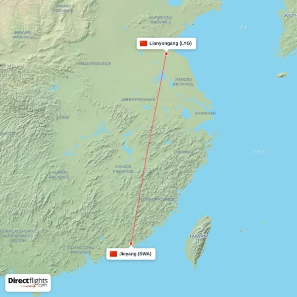 Lianyungang - Jieyang direct flight map