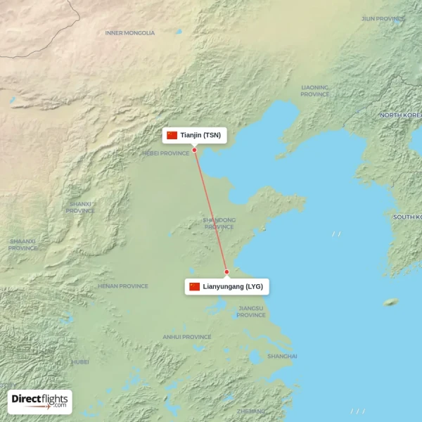 Lianyungang - Tianjin direct flight map