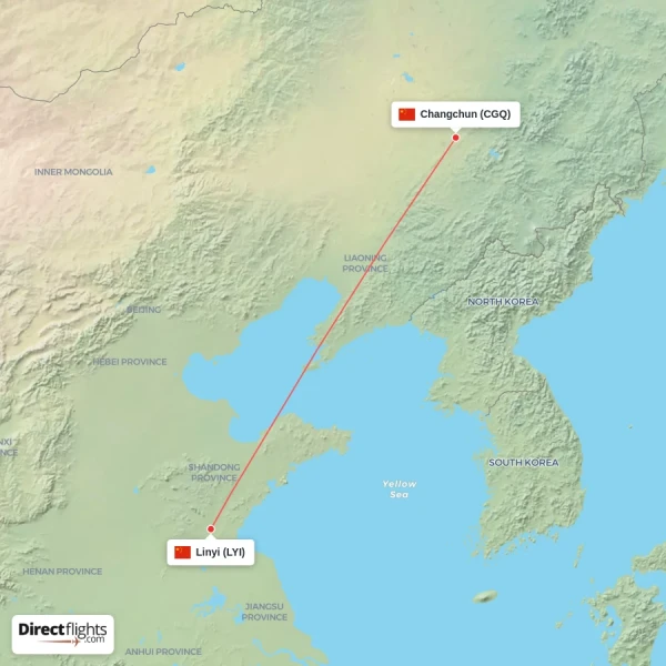 Linyi - Changchun direct flight map