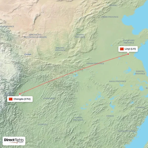 Linyi - Chengdu direct flight map