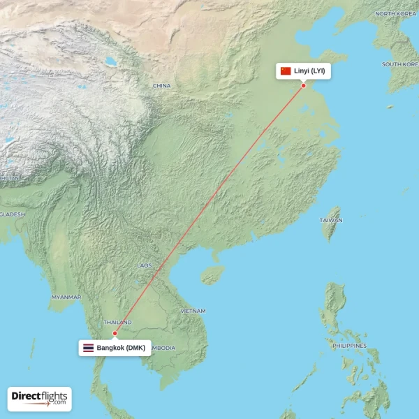 Linyi - Bangkok direct flight map