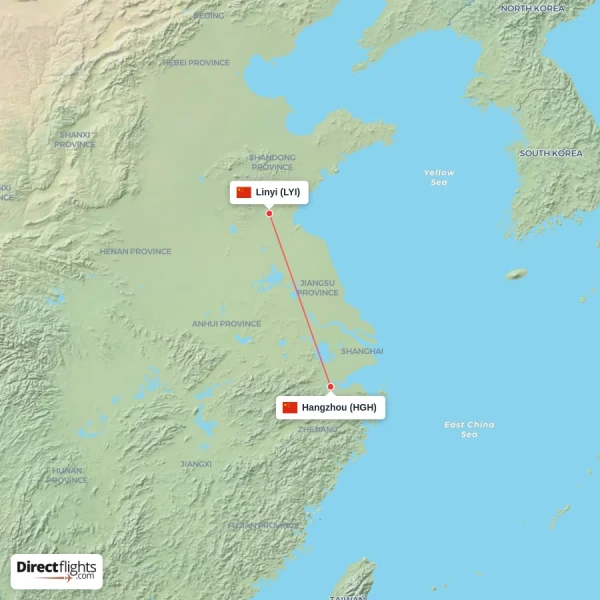Linyi - Hangzhou direct flight map