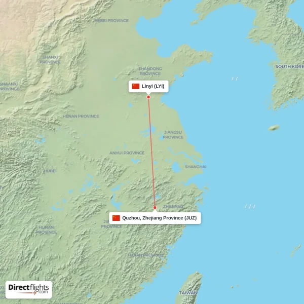Linyi - Quzhou, Zhejiang Province direct flight map