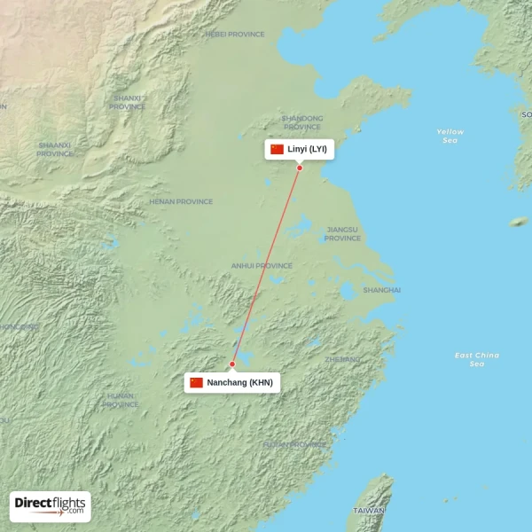Linyi - Nanchang direct flight map