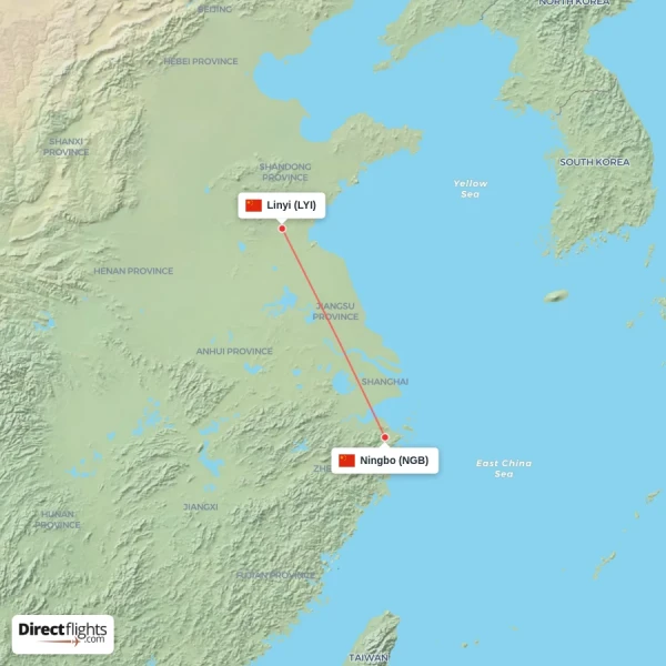 Linyi - Ningbo direct flight map