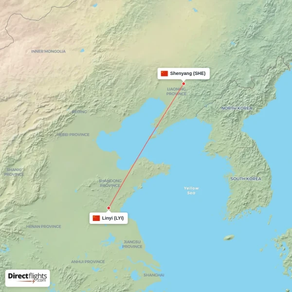 Linyi - Shenyang direct flight map