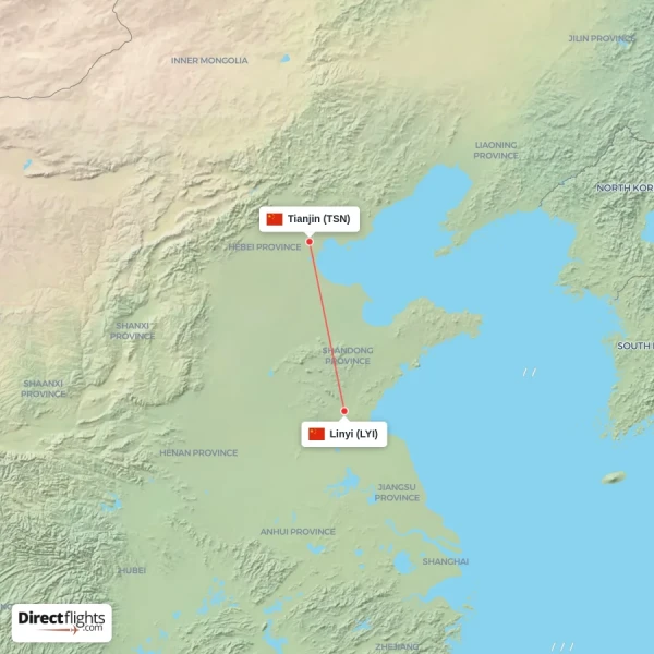 Linyi - Tianjin direct flight map