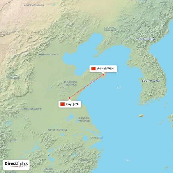 Linyi - Weihai direct flight map