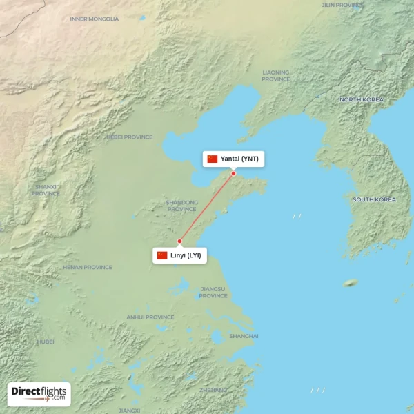 Linyi - Yantai direct flight map