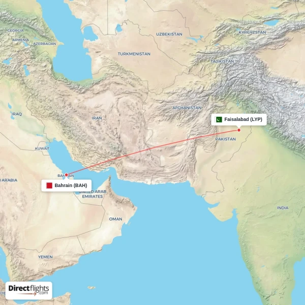 Faisalabad - Bahrain direct flight map