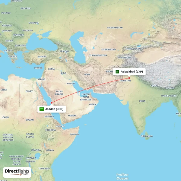 Faisalabad - Jeddah direct flight map