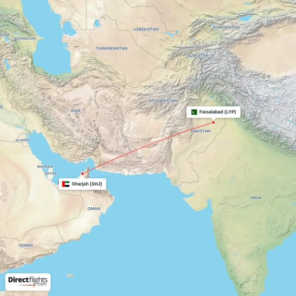 Faisalabad - Sharjah direct flight map