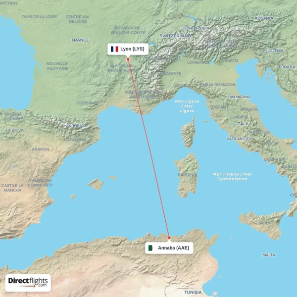 Lyon - Annaba direct flight map