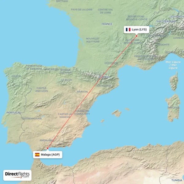 Lyon - Malaga direct flight map