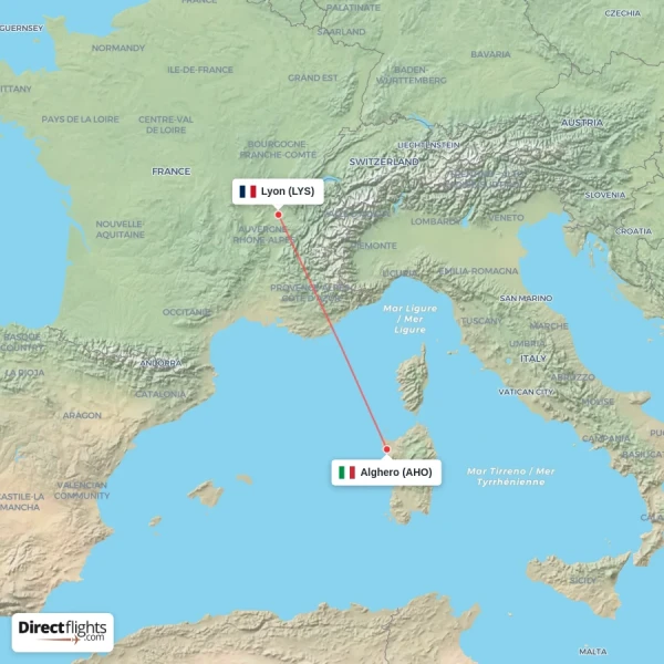 Lyon - Alghero direct flight map