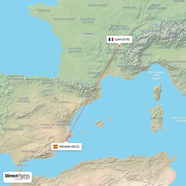 Lyon - Alicante direct flight map