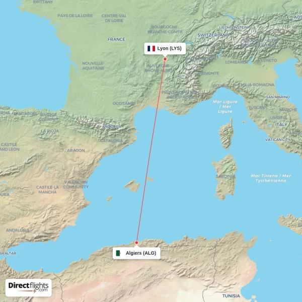Lyon - Algiers direct flight map