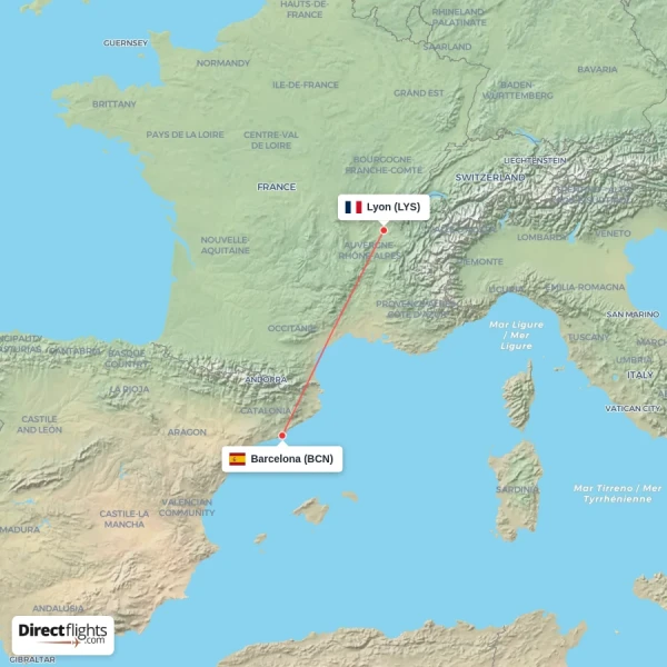 Lyon - Barcelona direct flight map