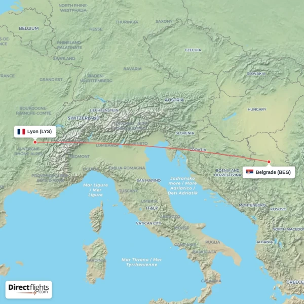 Lyon - Belgrade direct flight map