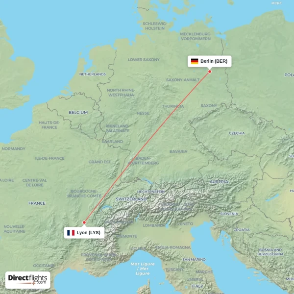 Lyon - Berlin direct flight map