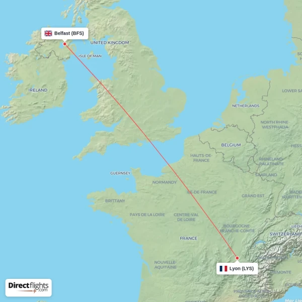 Lyon - Belfast direct flight map